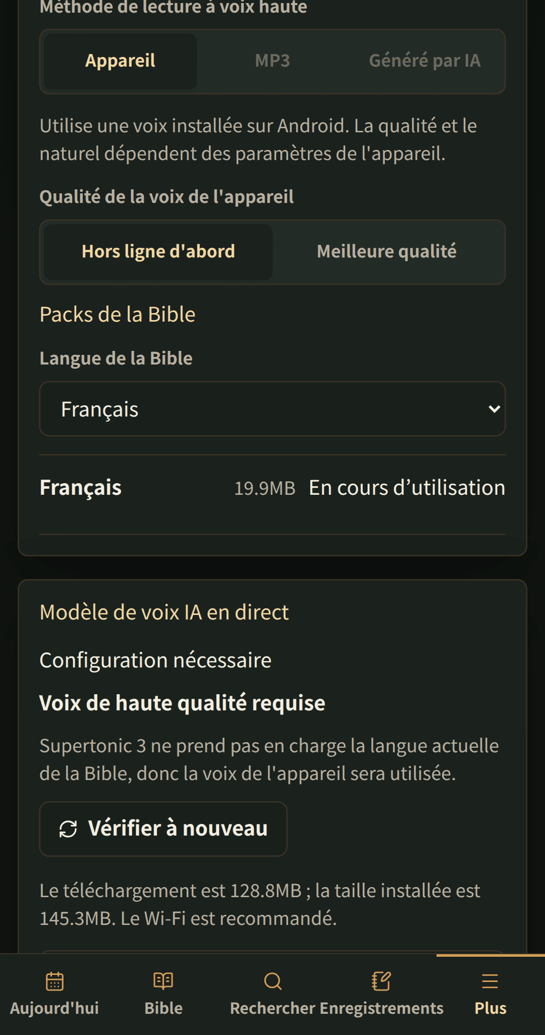 Paramètres de langue avec des packs de Bibles téléchargeables.