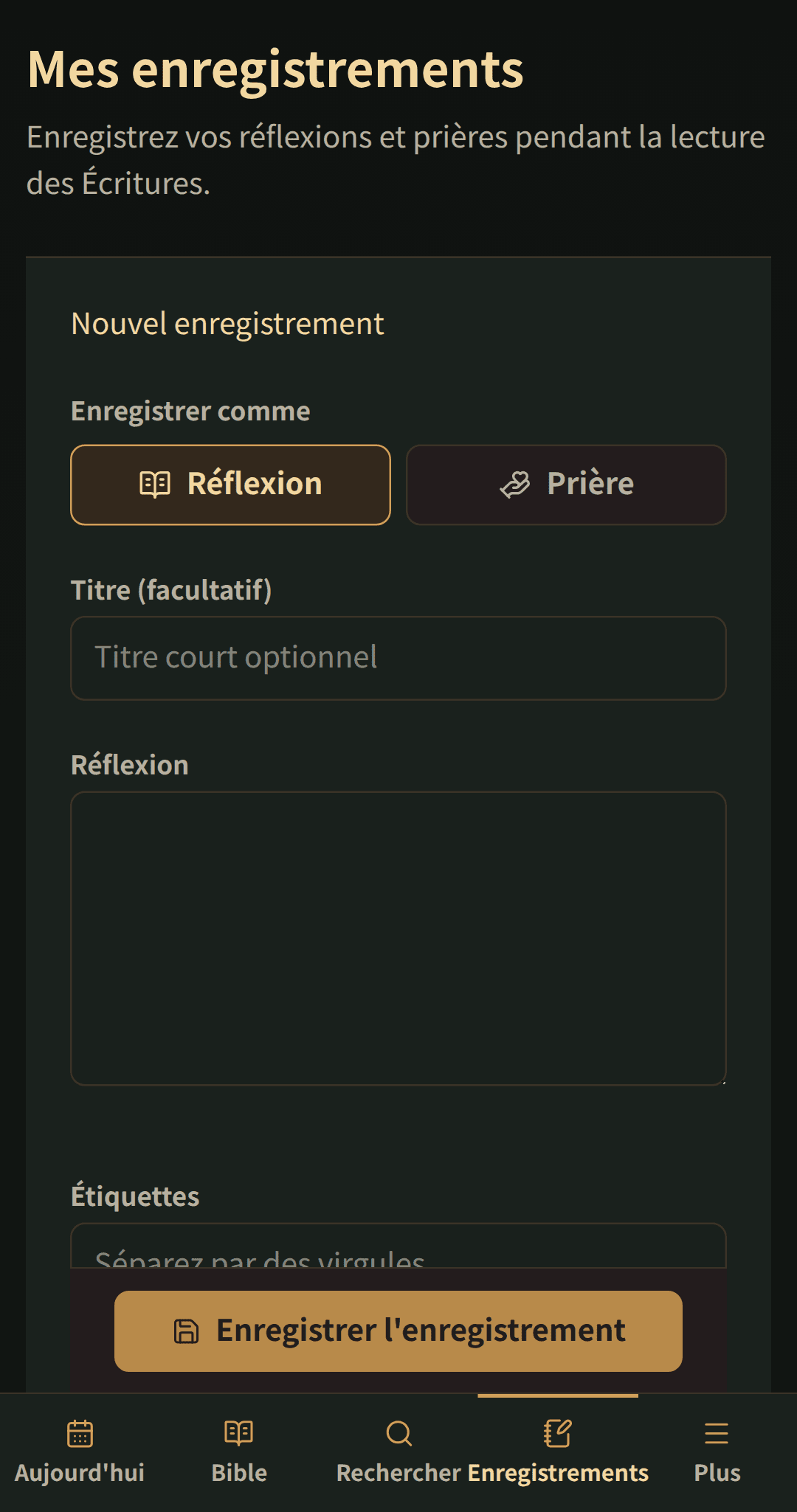 Editeur d'enregistrement simple pour un titre, une réflexion ou une prière, et des étiquettes.