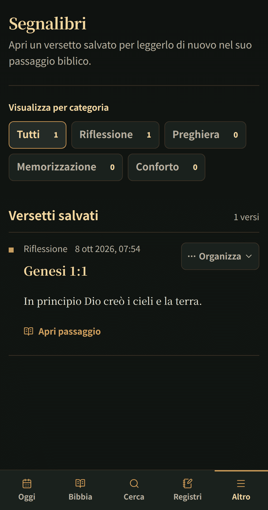Versetti della Bibbia salvati organizzati in una lista di segnalibri focalizzata.