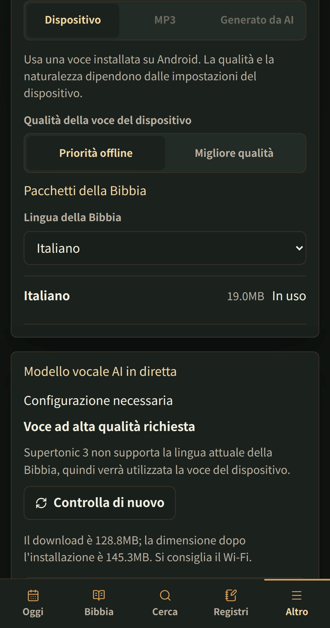 Impostazioni della lingua con pacchetti della Bibbia scaricabili.