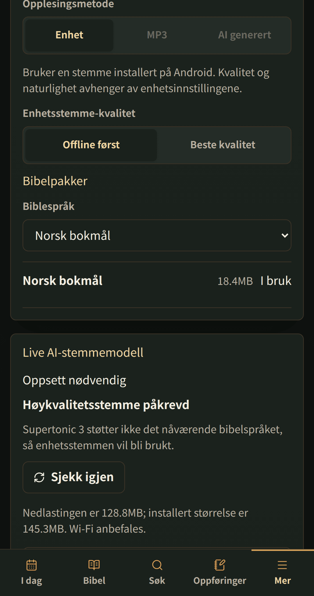 Språkinnstillinger med nedlastbare bibelpakker.