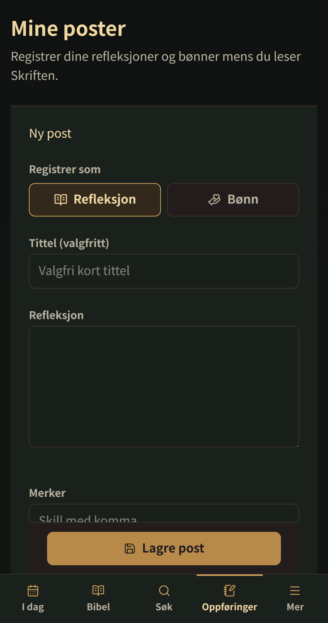 Enkel redigeringsverktøy for tittel, refleksjon eller bønn, og tagger.