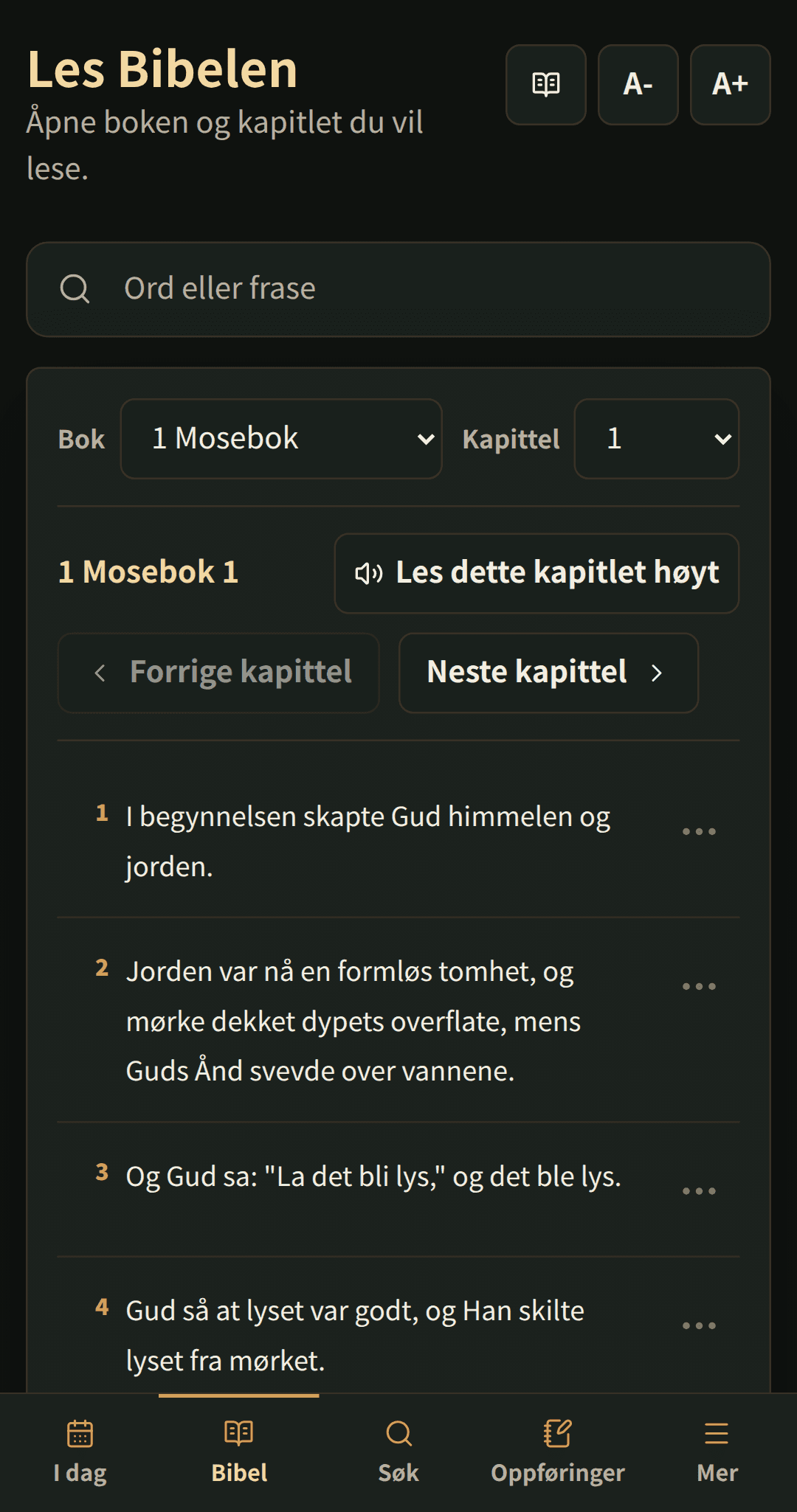 Bibelleser som viser et kapittel med tydelige lese-kontroller.