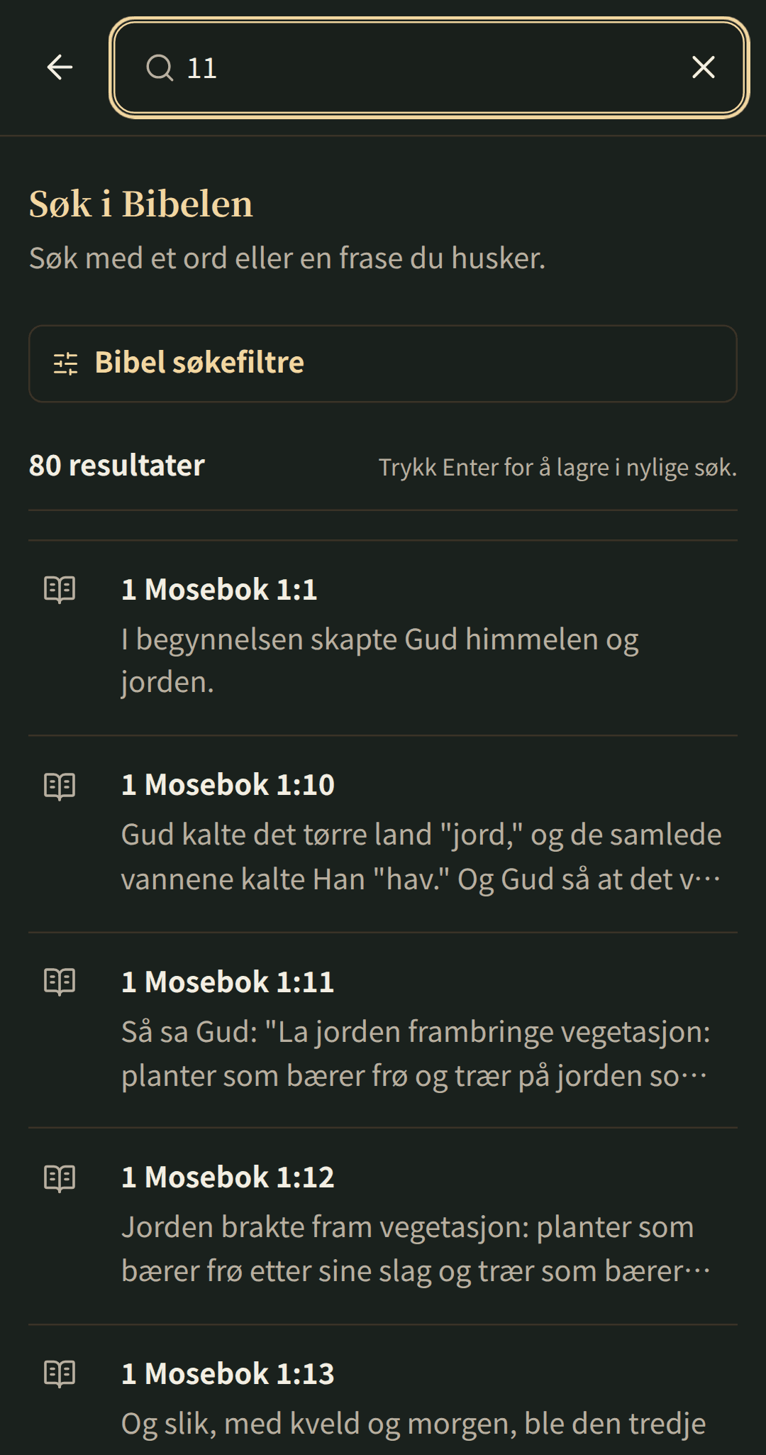 Fokusert bibelsøk med resultater som åpnes i sitt kapittel.