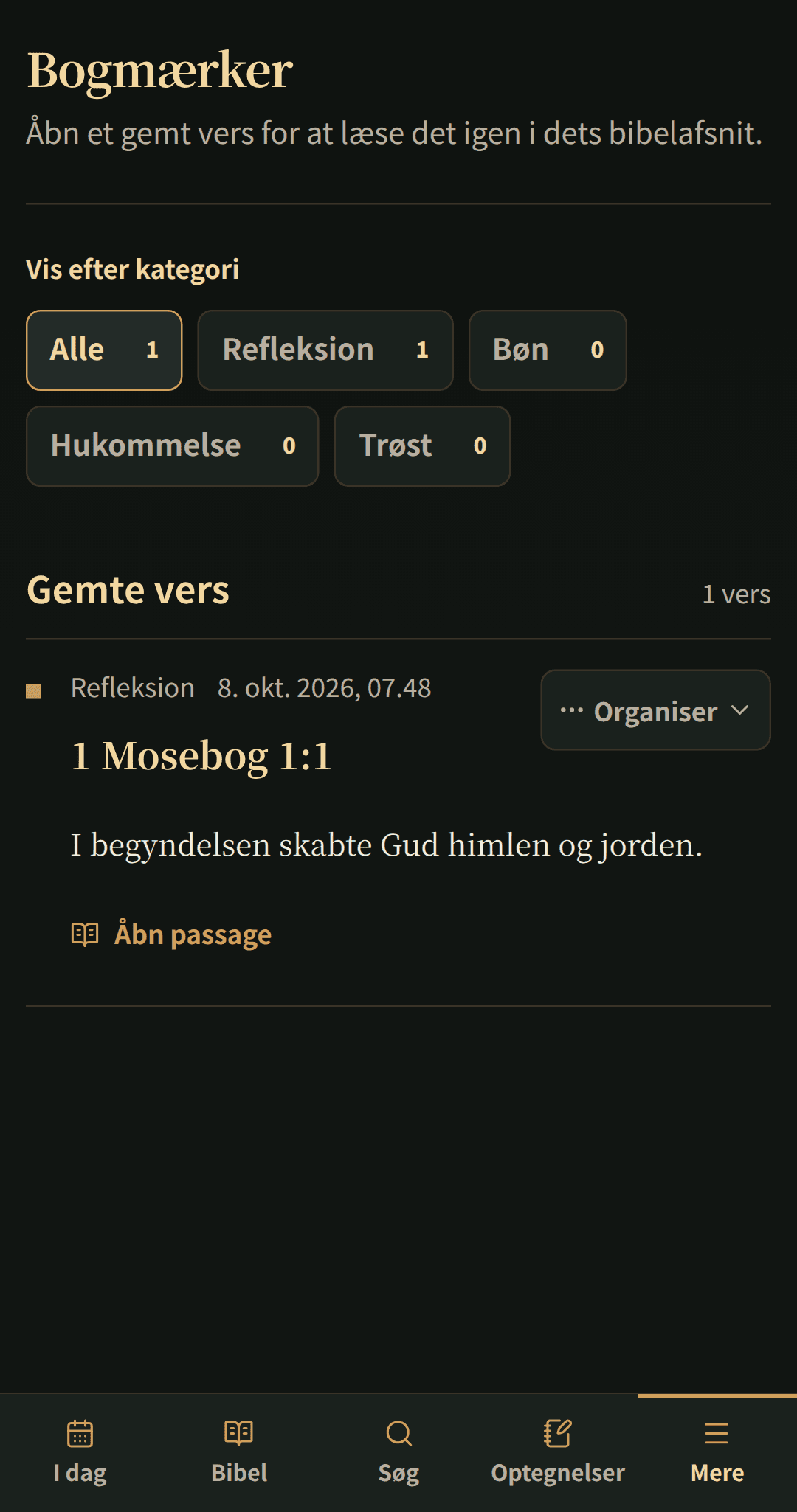 Gemte bibelvers organiseret i en fokuseret bogmærkeliste.