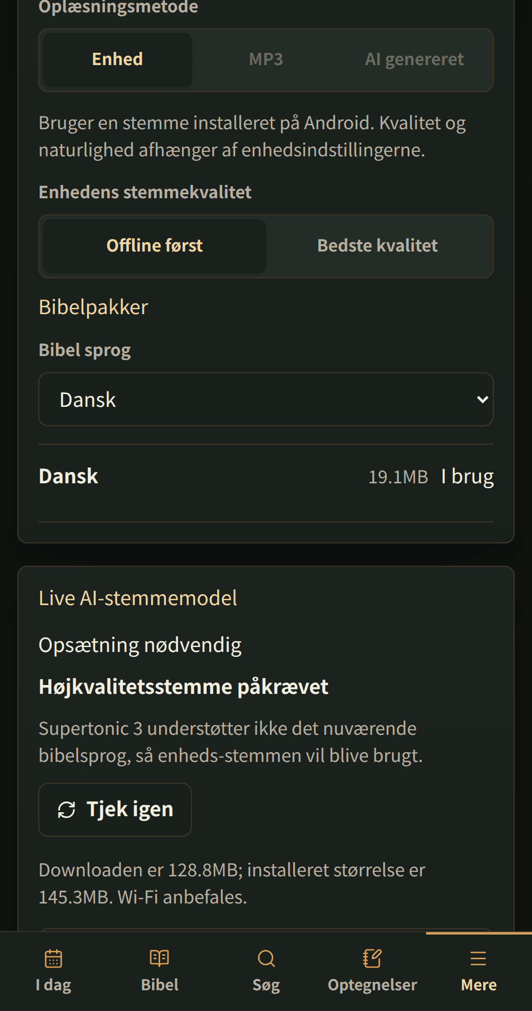 Sprogindstillinger med downloadbare bibelpakker.