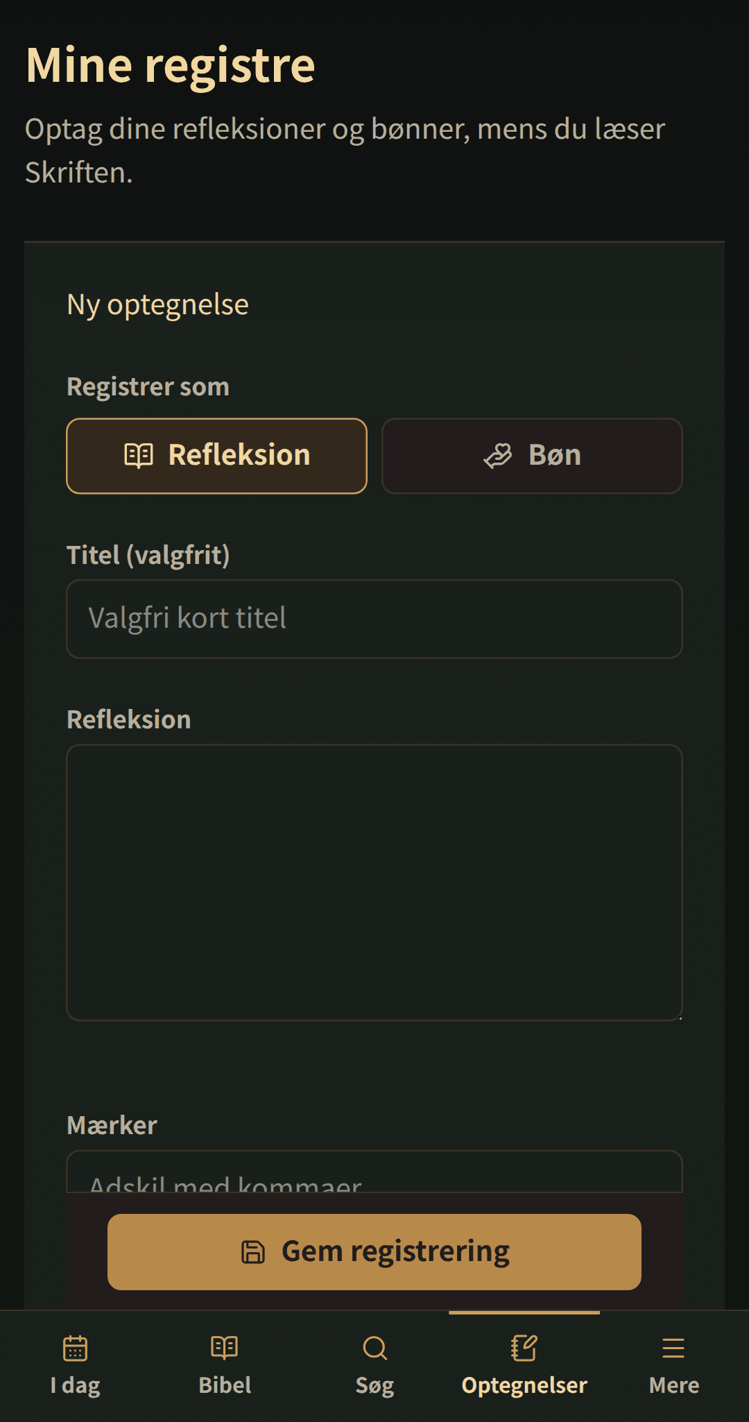 Enkel posteditor til en titel, refleksion eller bøn og tags.