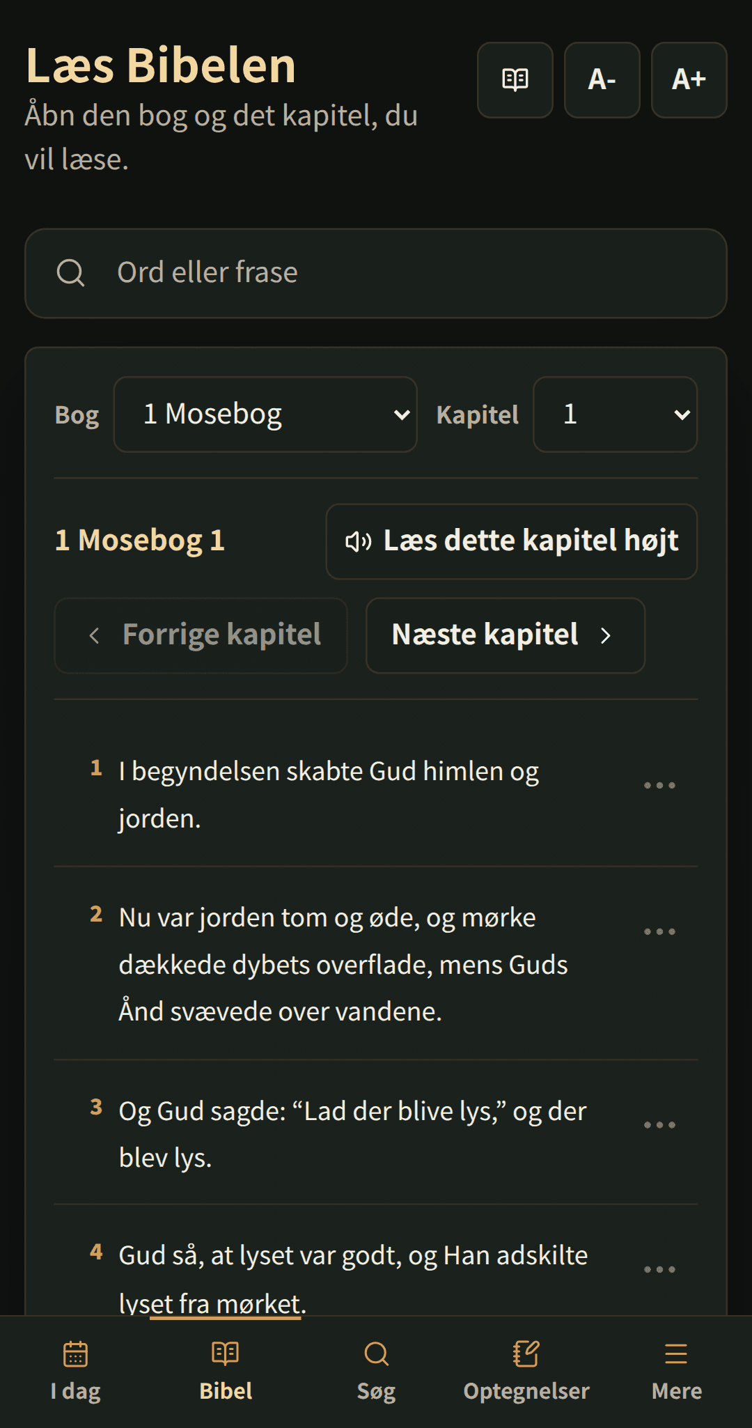 Bibellæser, der viser et kapitel med klare læsekontroller.
