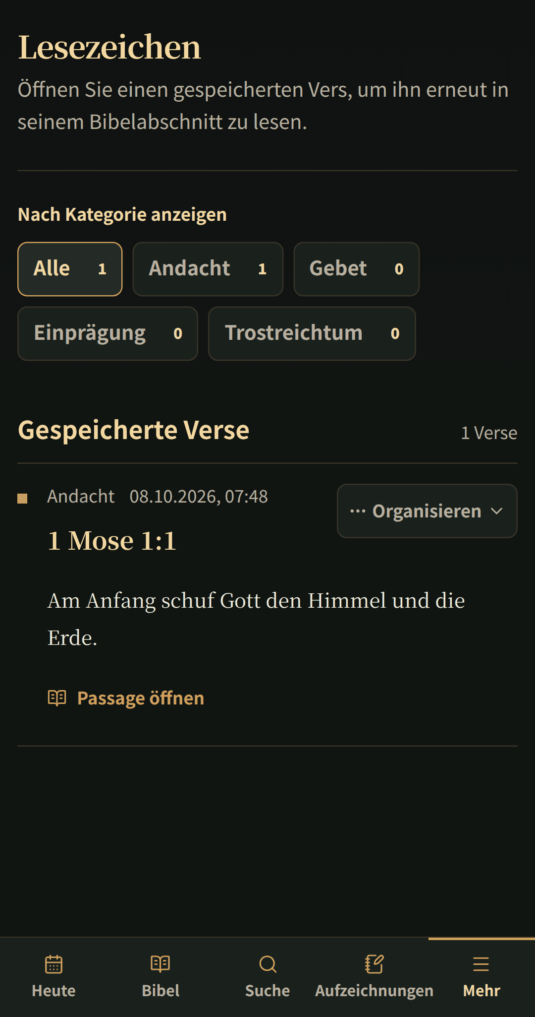 Gespeicherte Bibelverse in einer fokussierten Lesezeichenliste organisiert.