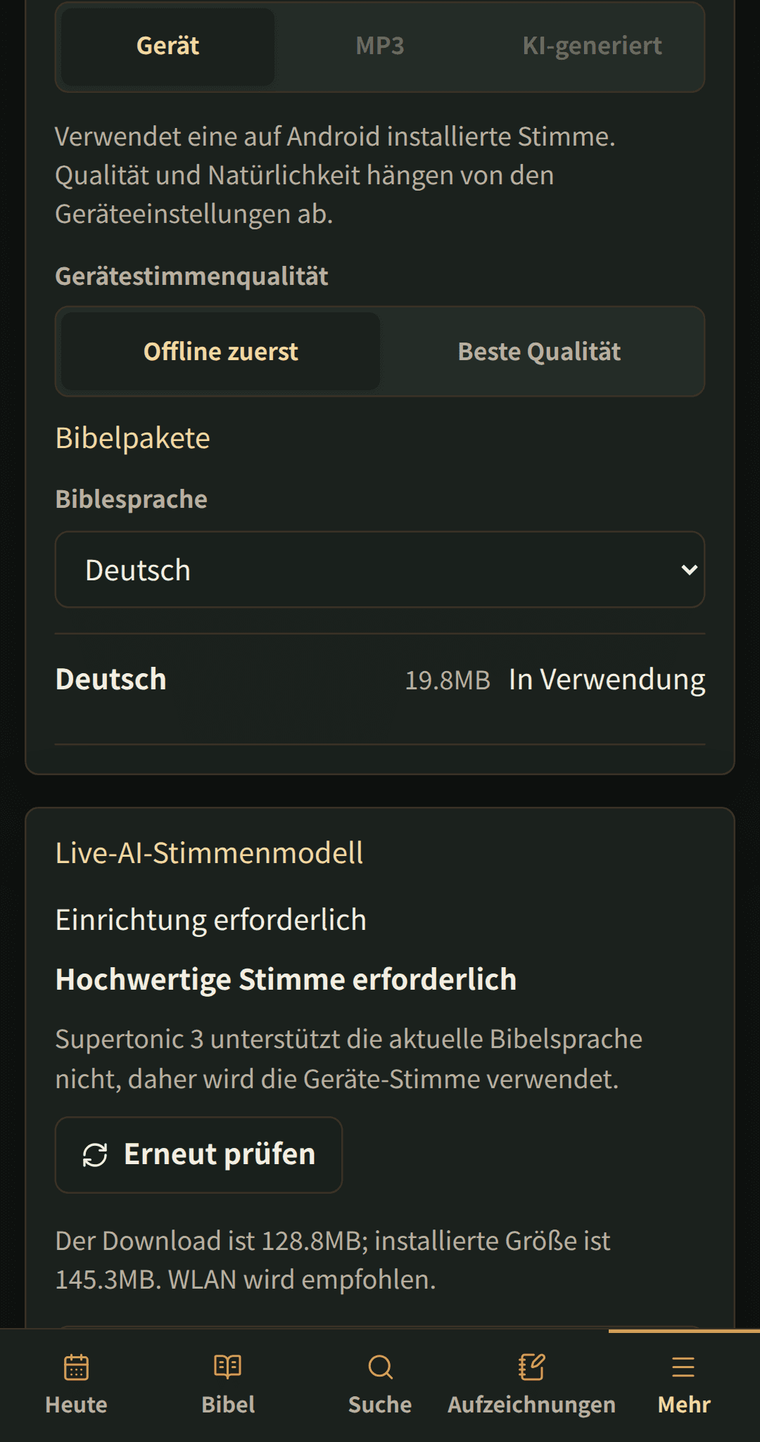 Spracheinstellungen mit herunterladbaren Bibelpaketen.