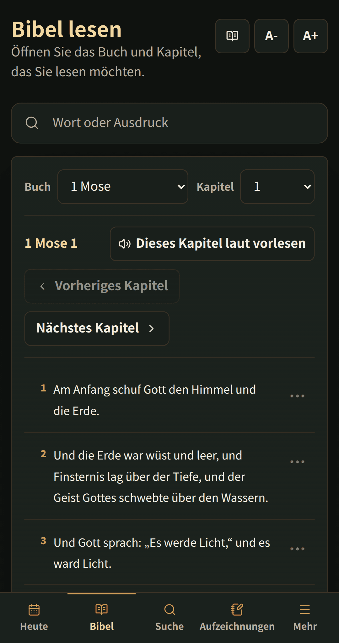 Bibel-Leser zeigt ein Kapitel mit klaren Lese-Steuerelementen.