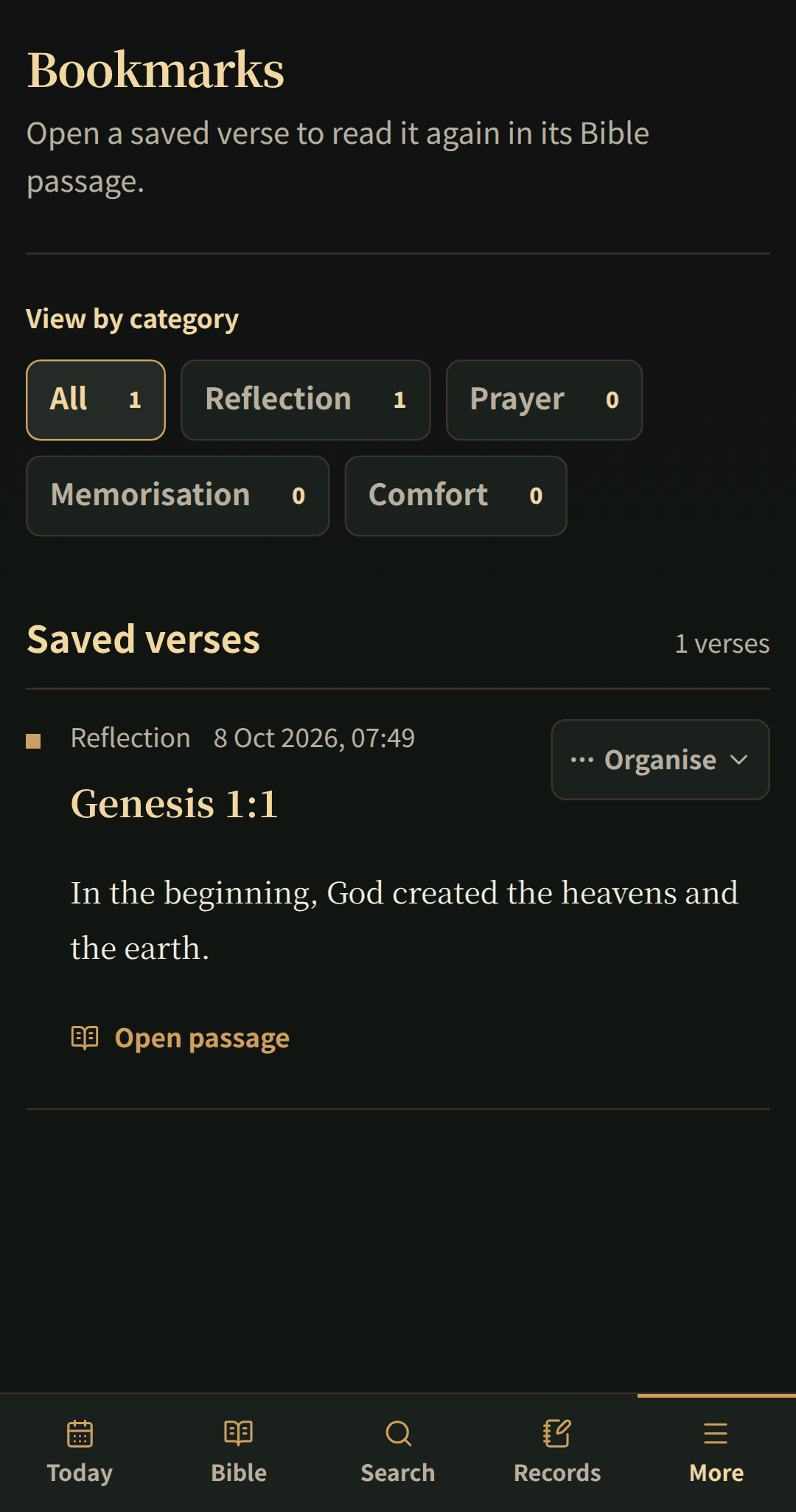Saved Bible verses organised in a focused bookmark list.