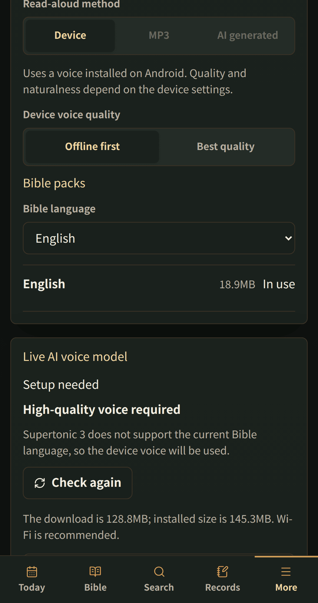 Language settings with downloadable Bible packs.