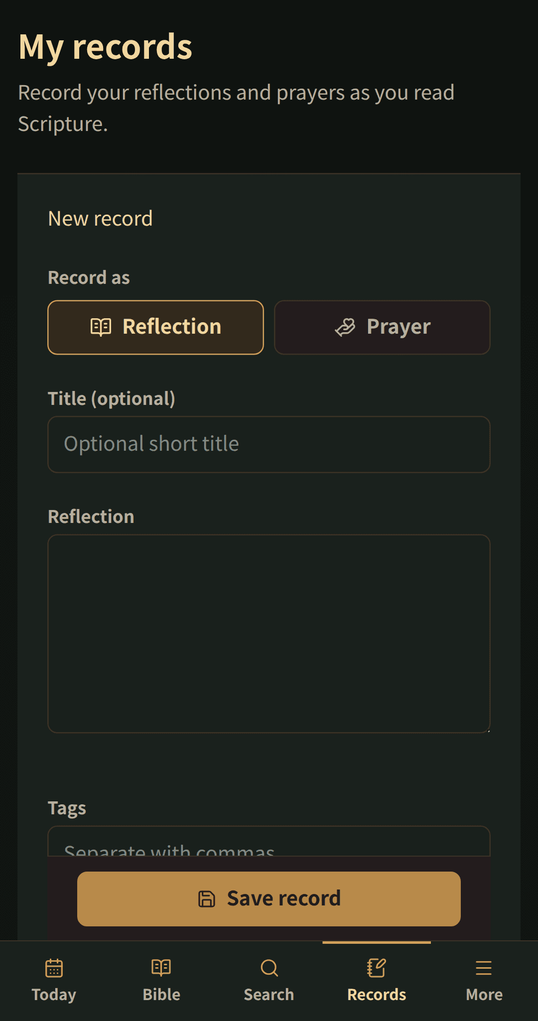 Simple record editor for a title, reflection or prayer, and tags.
