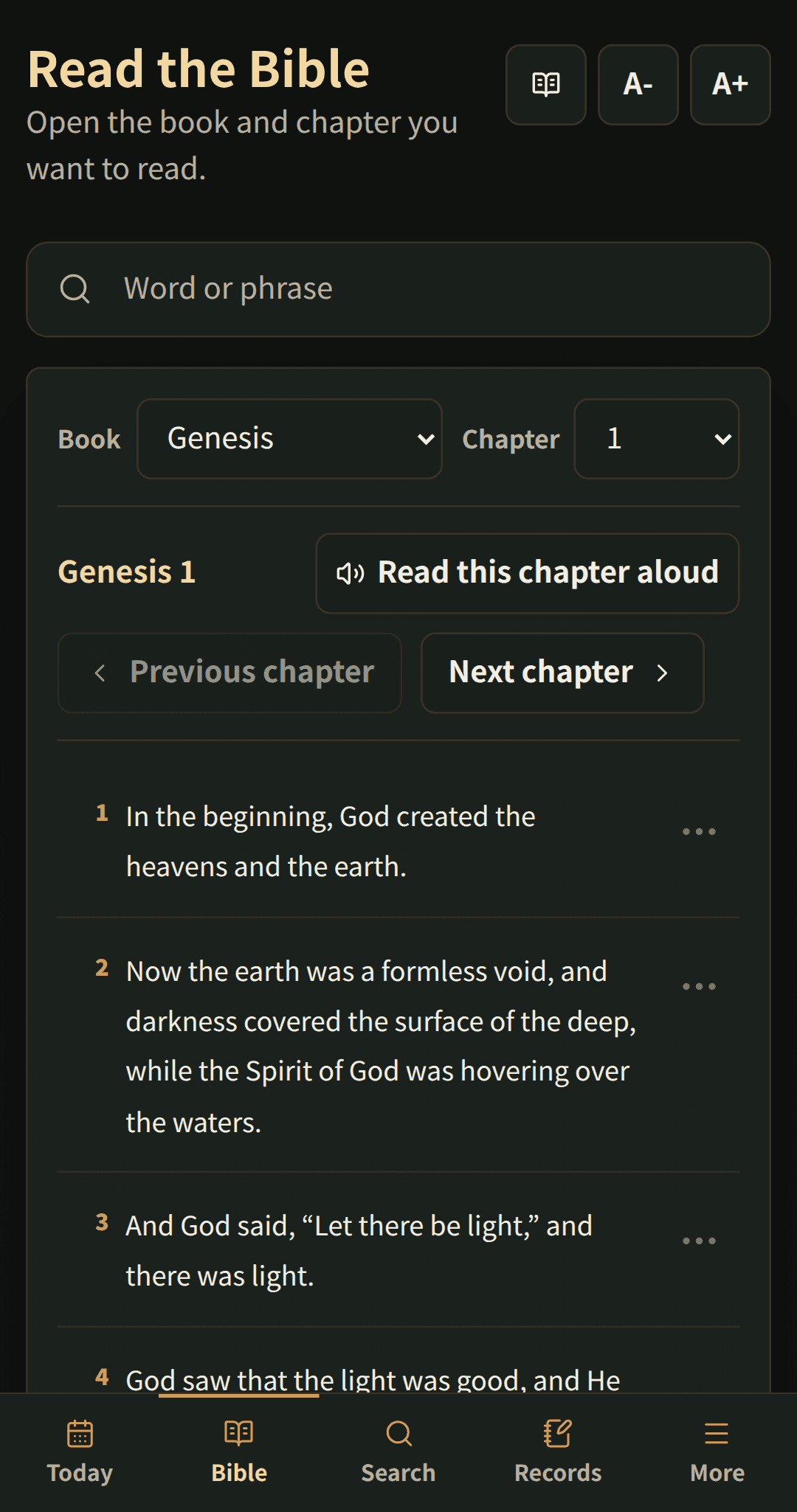 Bible reader showing a chapter with clear reading controls.