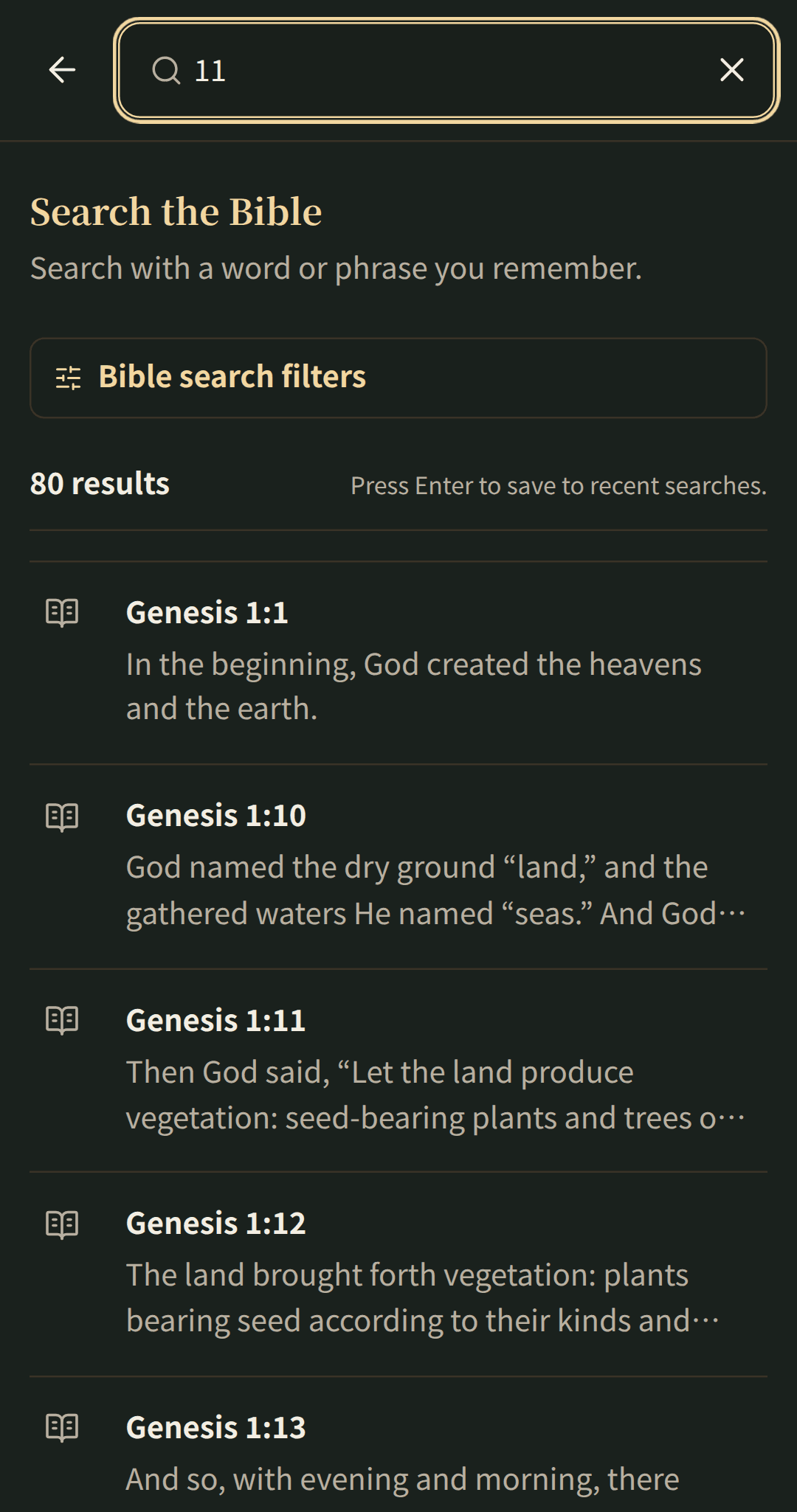 Focused Bible search with results that open in their chapter.