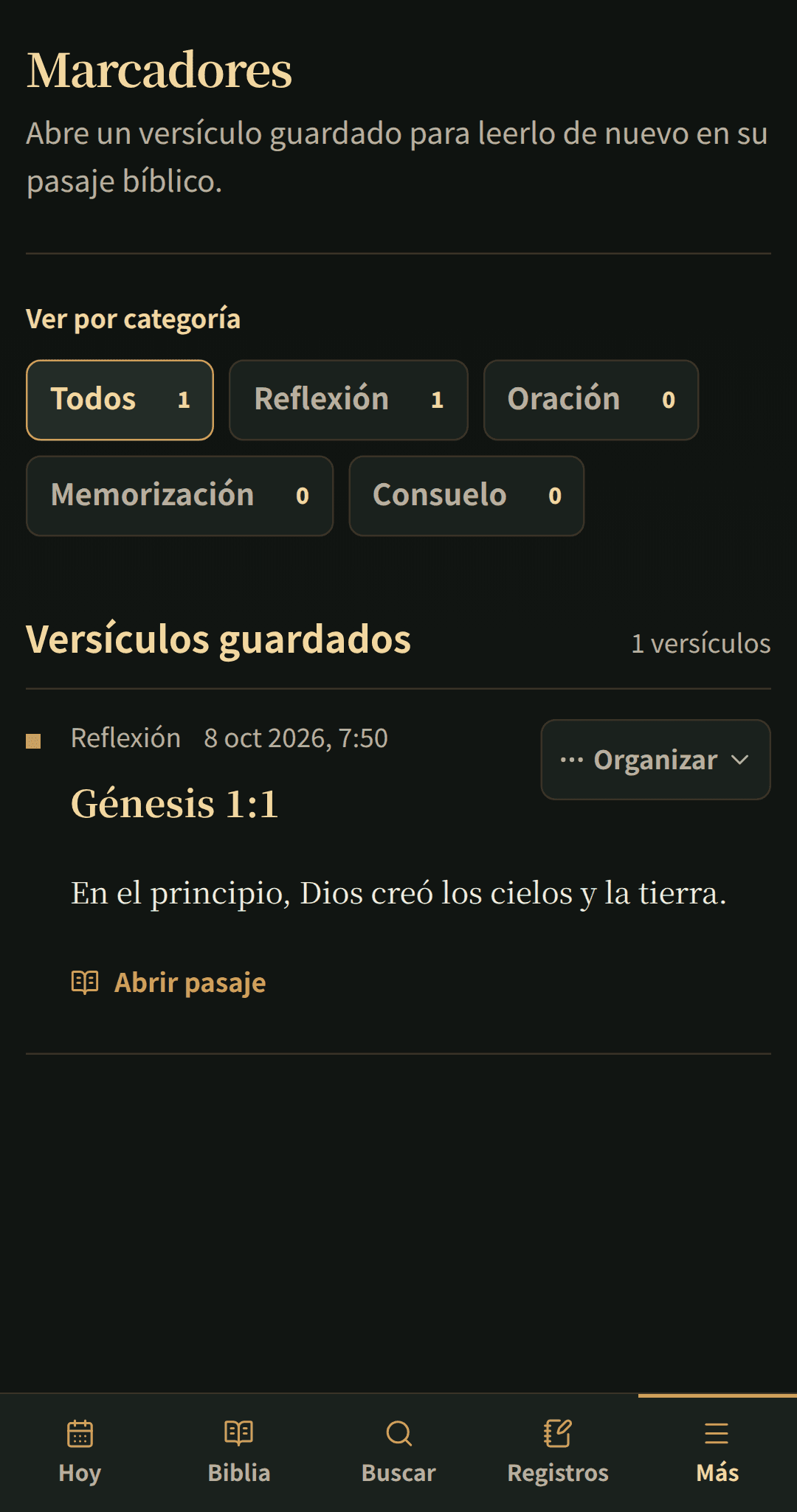 Versículos de la Biblia guardados organizados en una lista de marcadores enfocada.
