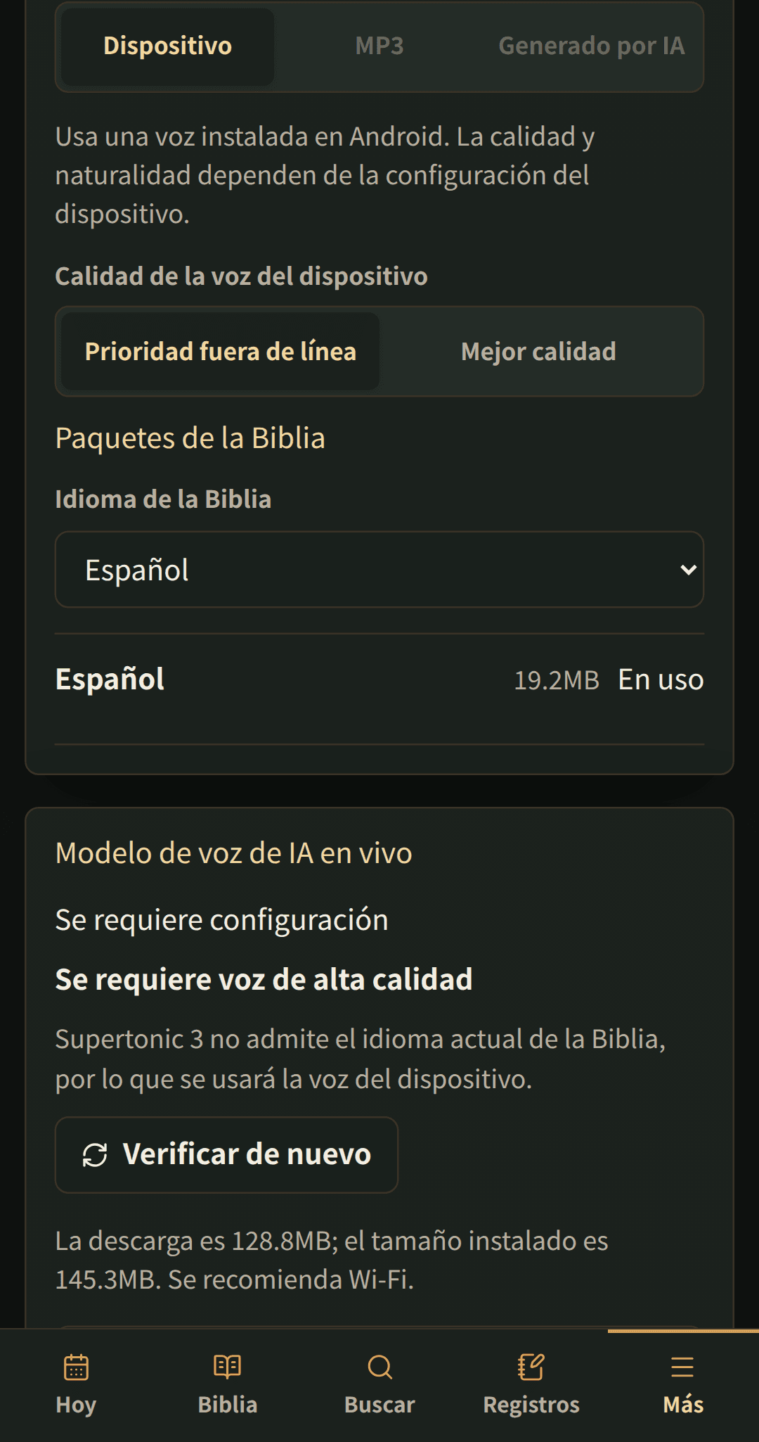 Configuración de idioma con paquetes de la Biblia descargables.