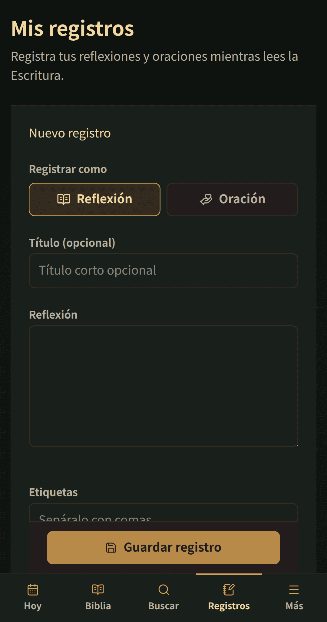 Editor simple de registros para un título, reflexión o oración, y etiquetas.