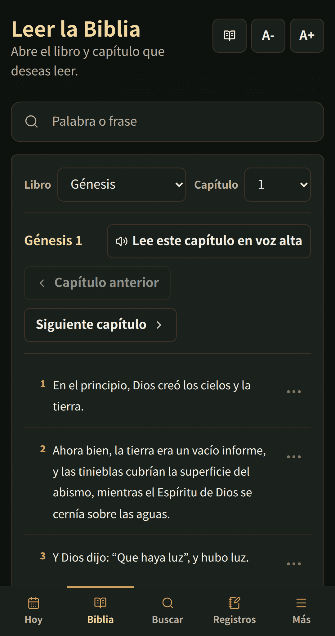 Lector de Biblia mostrando un capítulo con controles de lectura claros.