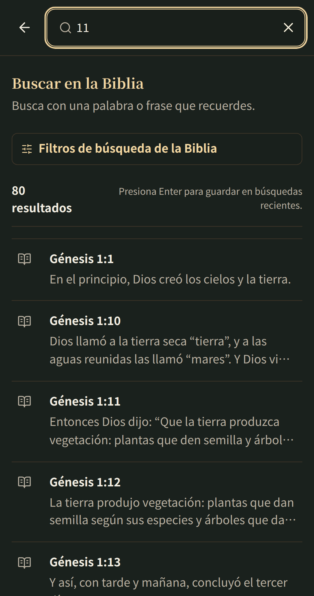 Búsqueda bíblica enfocada con resultados que se abren en su capítulo.
