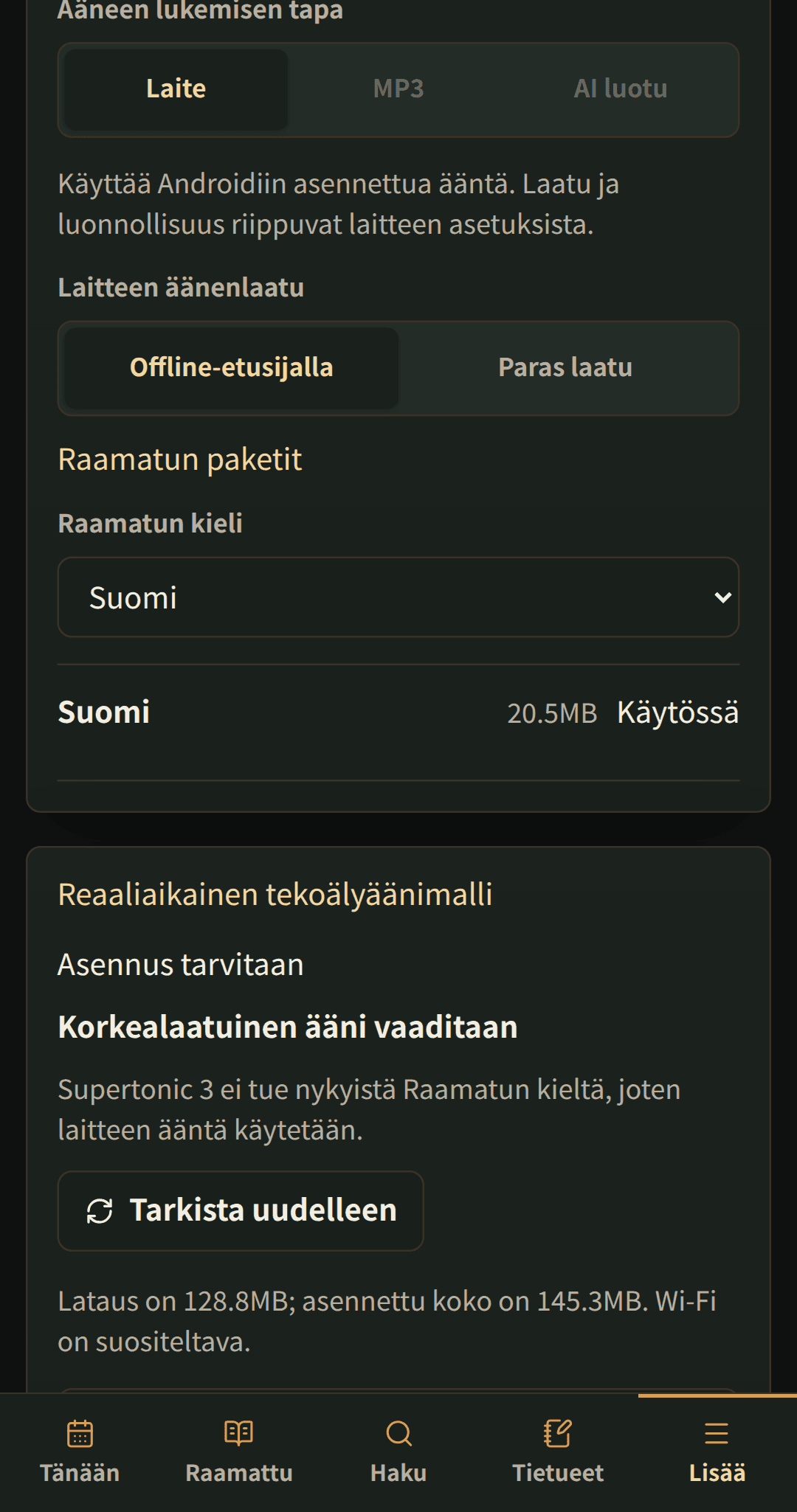 Kieliasetukset ladattavilla Raamatun paketeilla.