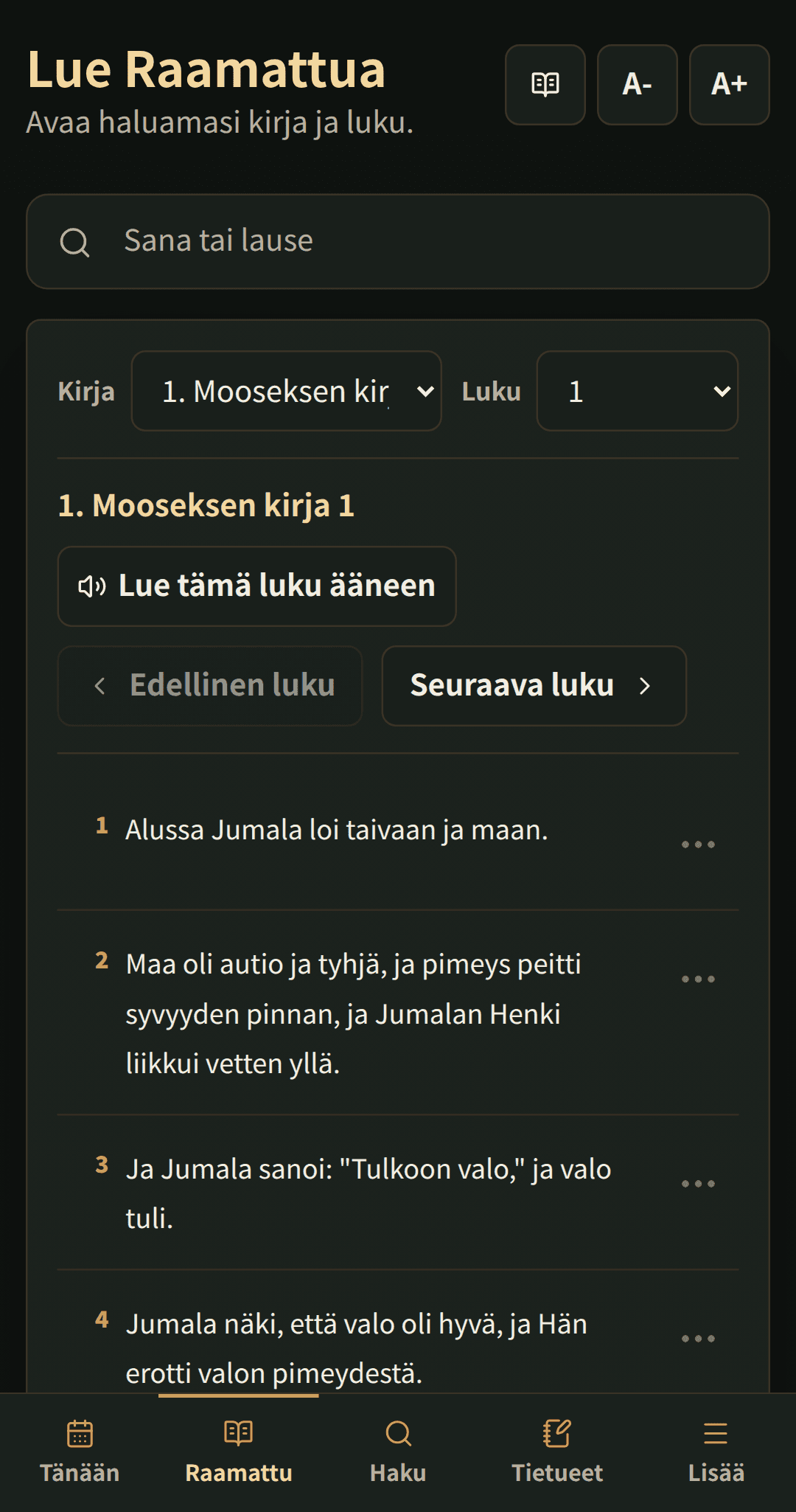 Raamatun lukija näyttää lukukappaleen selkeillä lukuhallinnoilla.