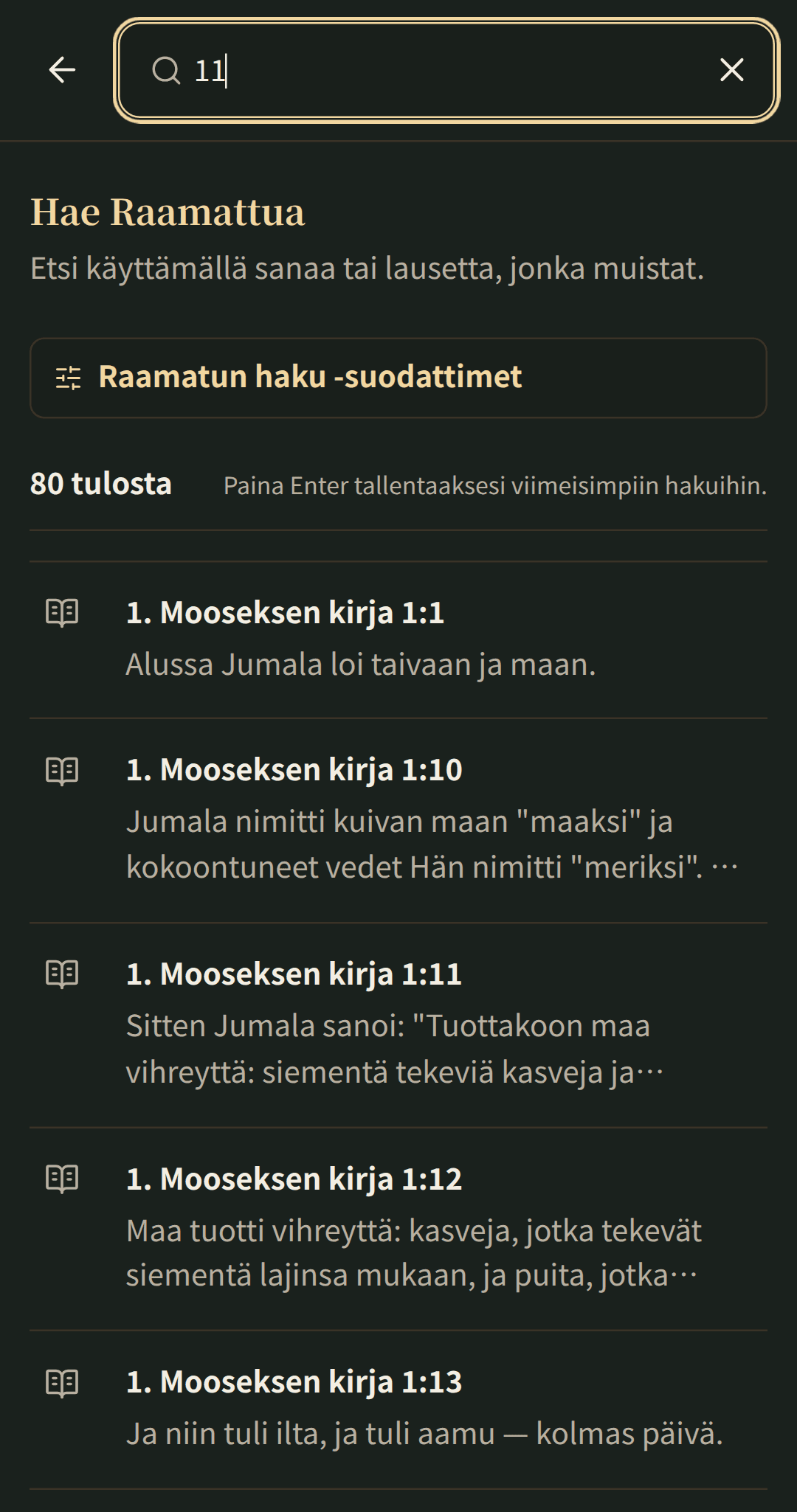 Kohdennettu raamatun haku, jonka tulokset avautuvat omassa luvussaan.