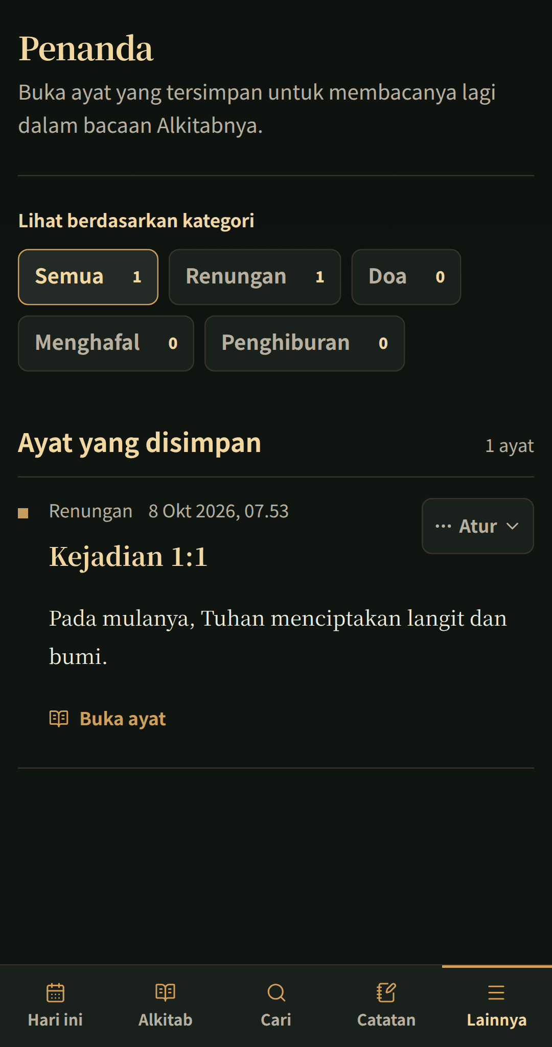Ayat Alkitab yang disimpan diatur dalam daftar bookmark yang terfokus.