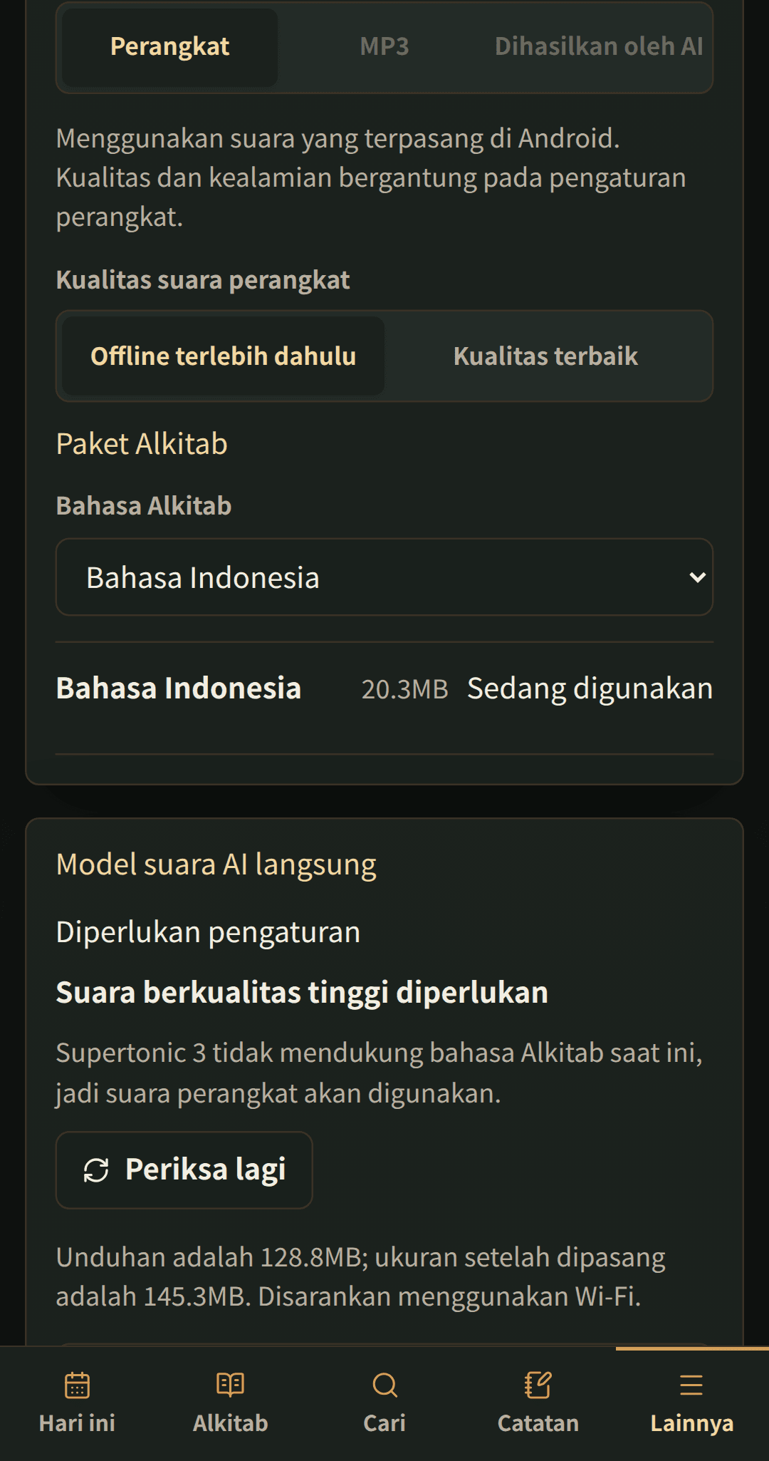Pengaturan bahasa dengan paket Alkitab yang dapat diunduh.