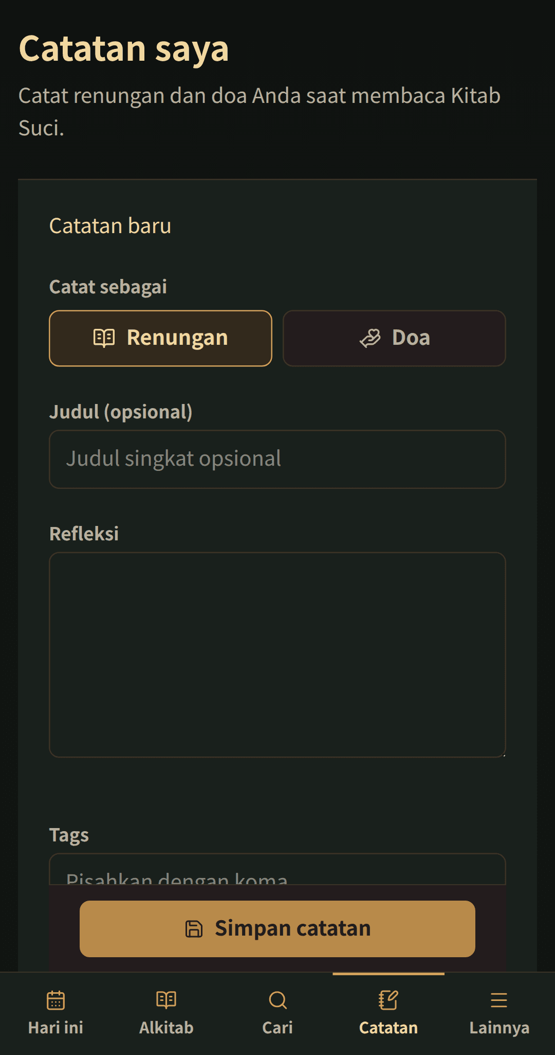Editor catatan sederhana untuk judul, renungan atau doa, dan tag.