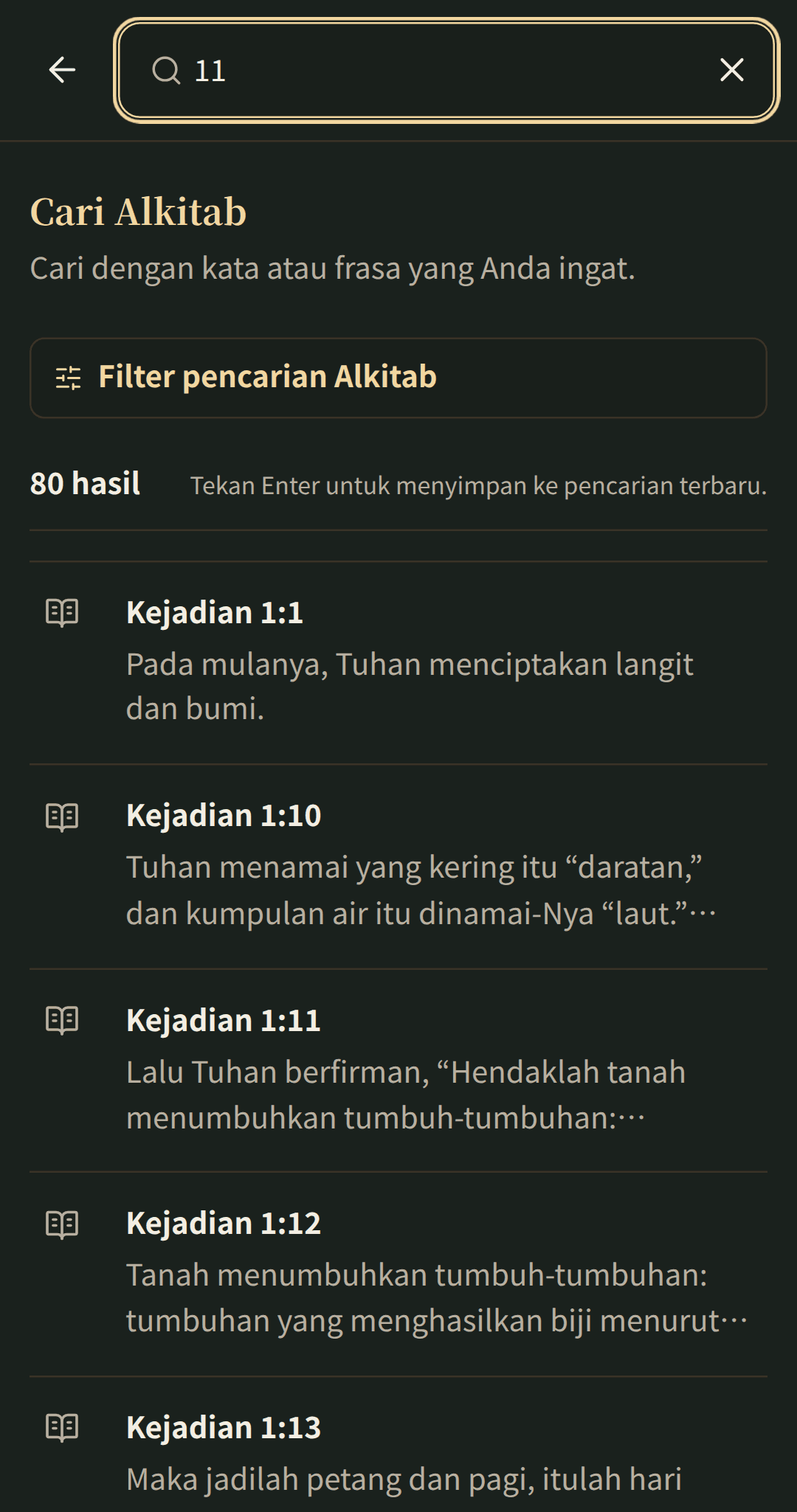 Pencarian Alkitab yang fokus dengan hasil yang terbuka di pasalnya.