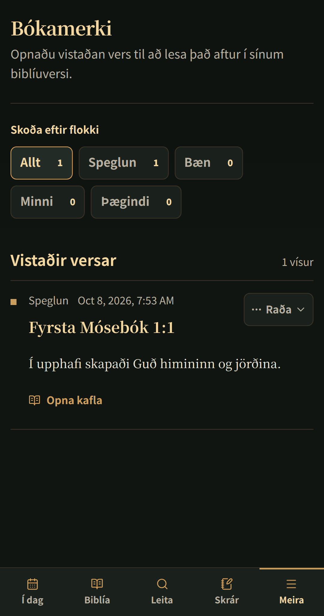 Vistaðir biblíuversar raðaðir í markvissum bókamerkjalista.