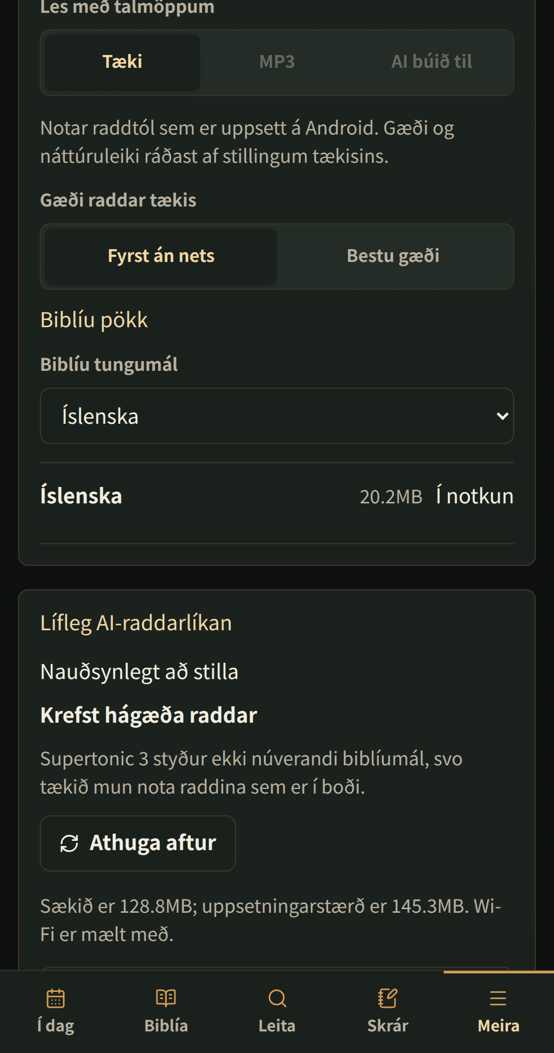 Tungumálastillingar með niðurhölum á biblíupökkum.