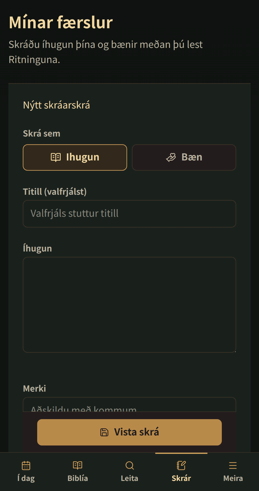 Einfallt ritunarforrit fyrir titil, íhugun eða bæn og merki.