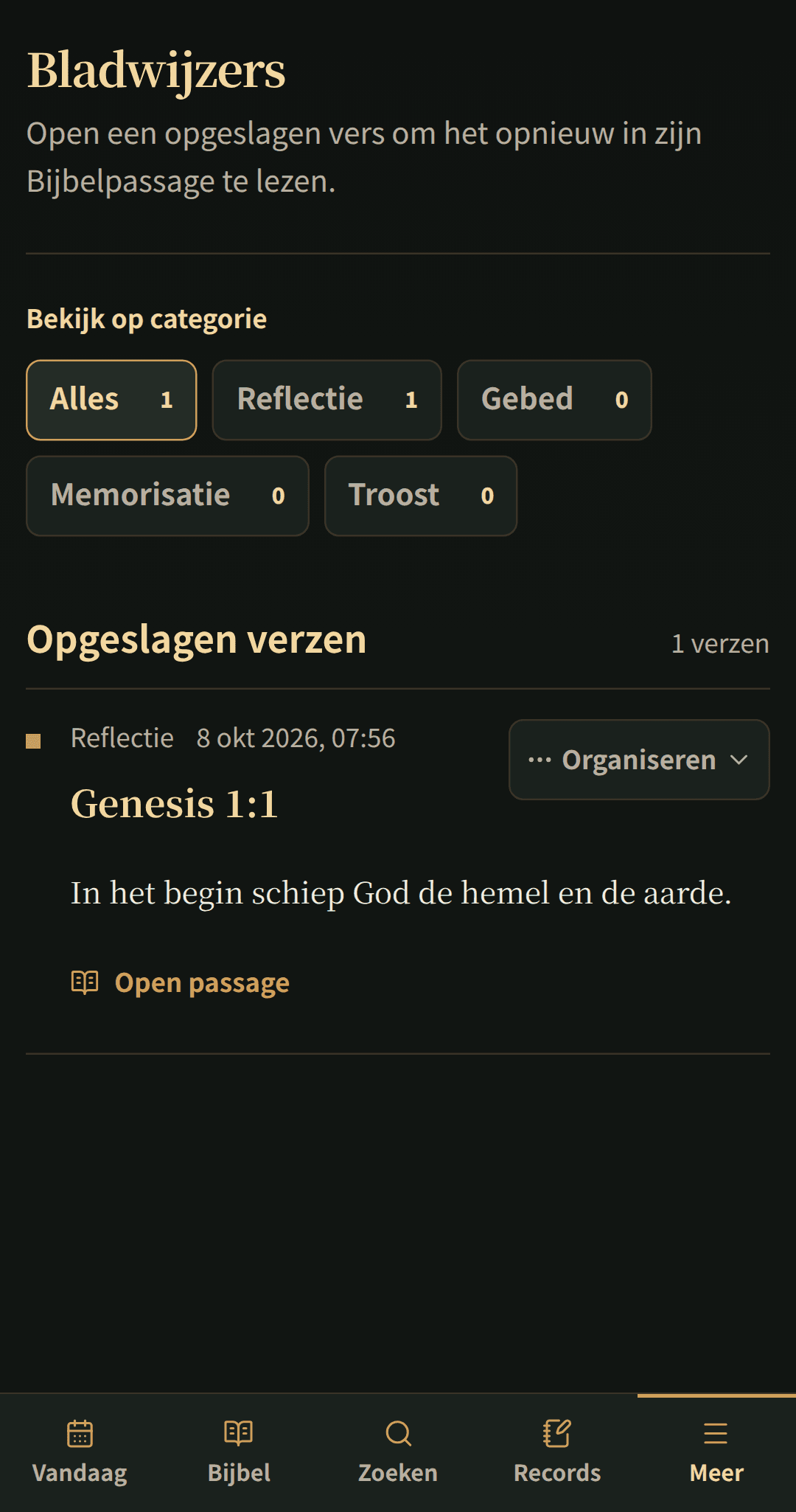 Opgeslagen Bijbelverzen georganiseerd in een gefocuste bladwijzerlijst.