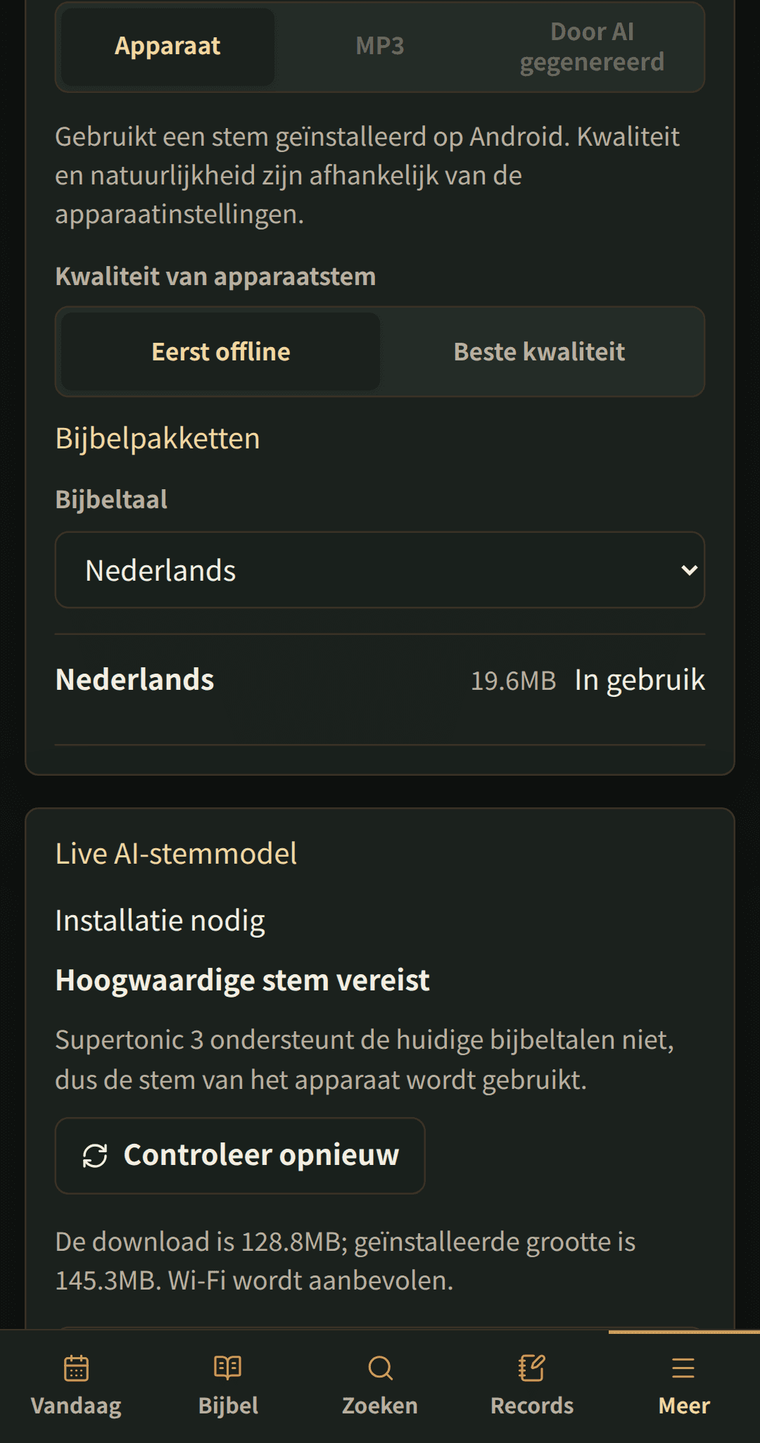 Taalinstellingen met downloadbare Bijbelpakketten.