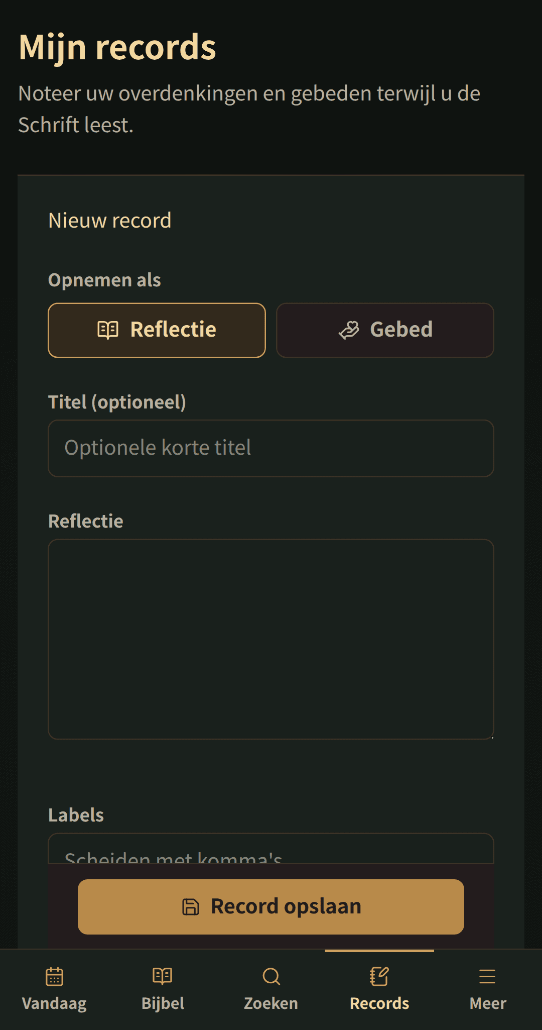 Eenvoudige recordeditor voor een titel, reflectie of gebed, en tags.