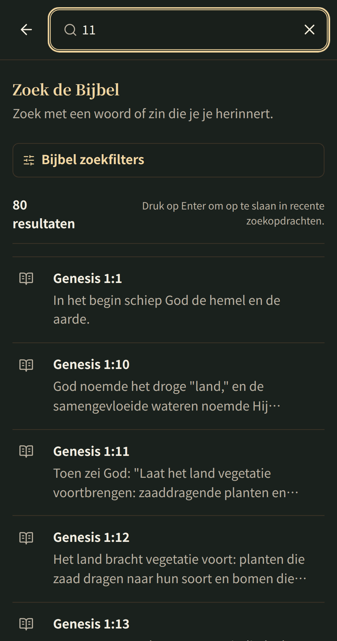 Gerichte Bijbelzoekopdracht met resultaten die in hun hoofdstuk openen.