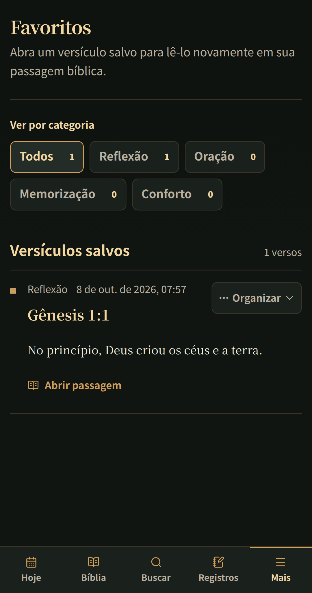 Versículos bíblicos salvos organizados em uma lista de favoritos focada.