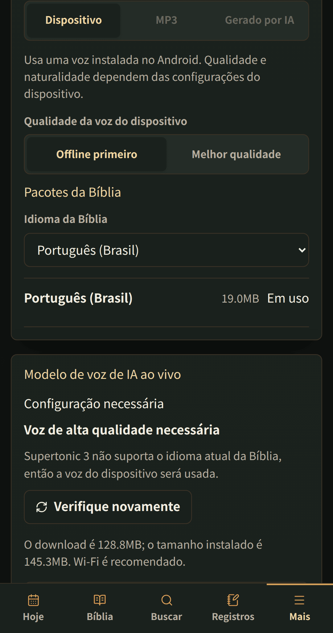 Configurações de idioma com pacotes de Bíblia para download.