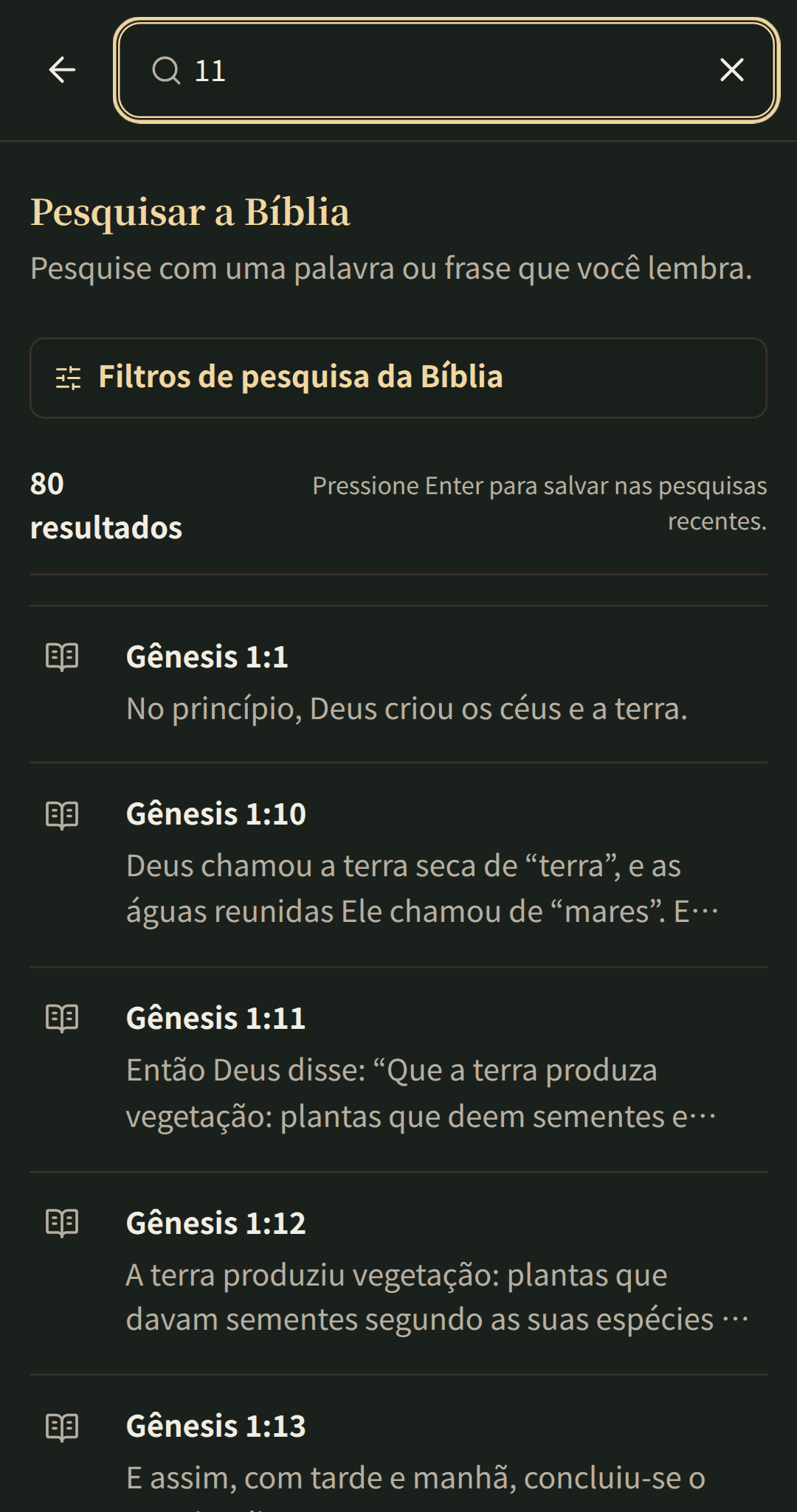 Pesquisa bíblica focada com resultados que abrem no seu capítulo.
