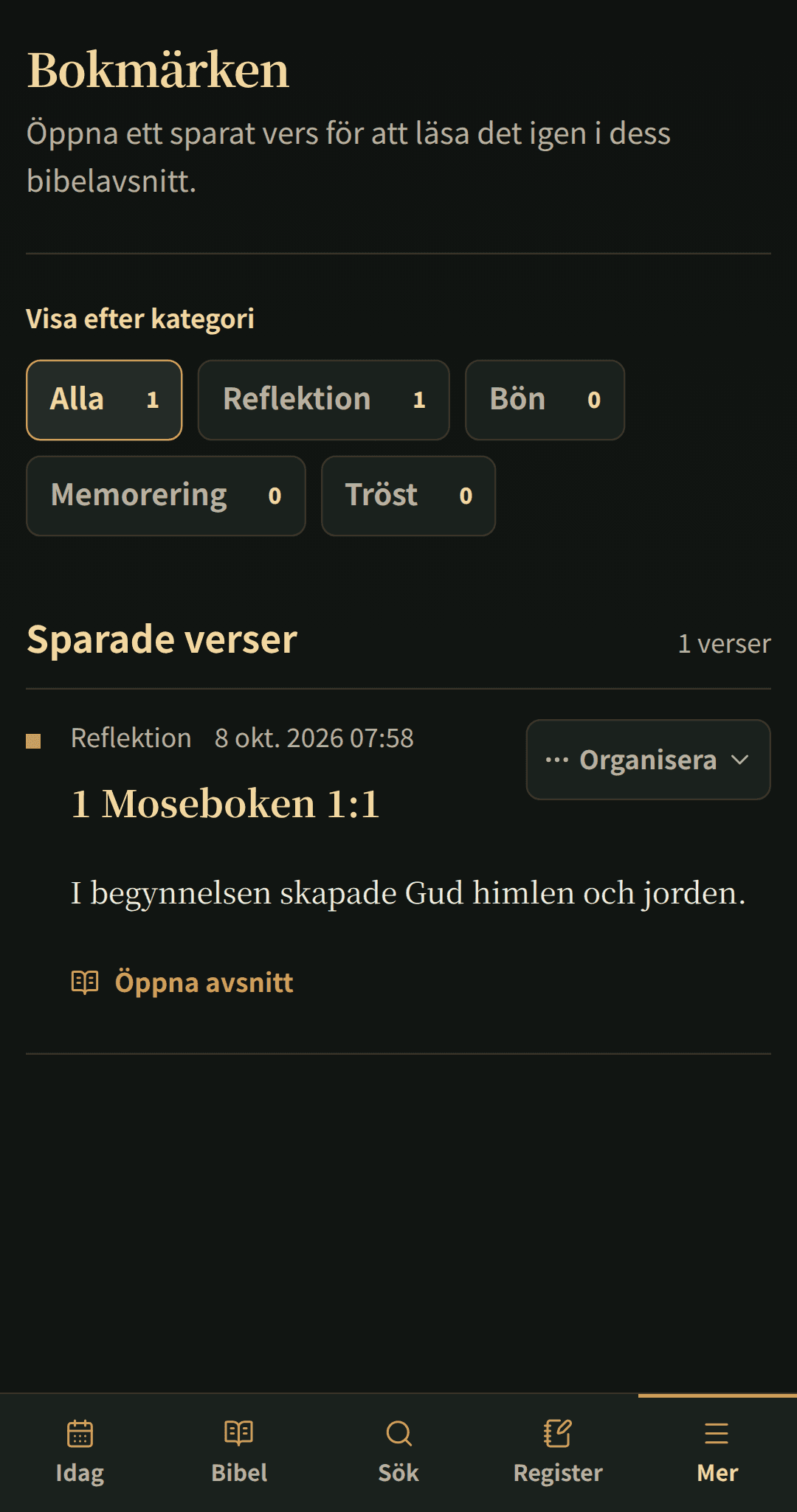Sparade bibelverser organiserade i en fokuserad bokmärkeslista.