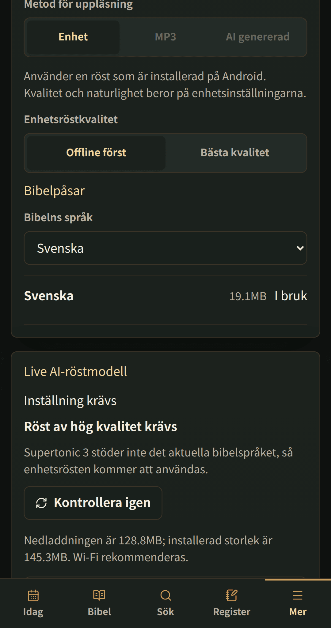 Språkinställningar med nedladdningsbara bibelpaket.
