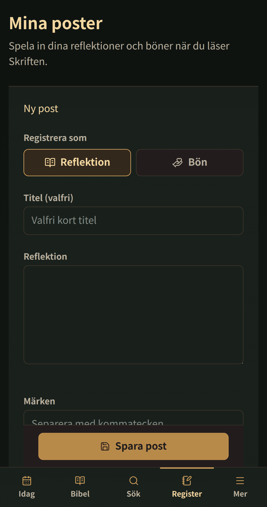 Enkel redigerare för en titel, reflektion eller bön, och taggar.