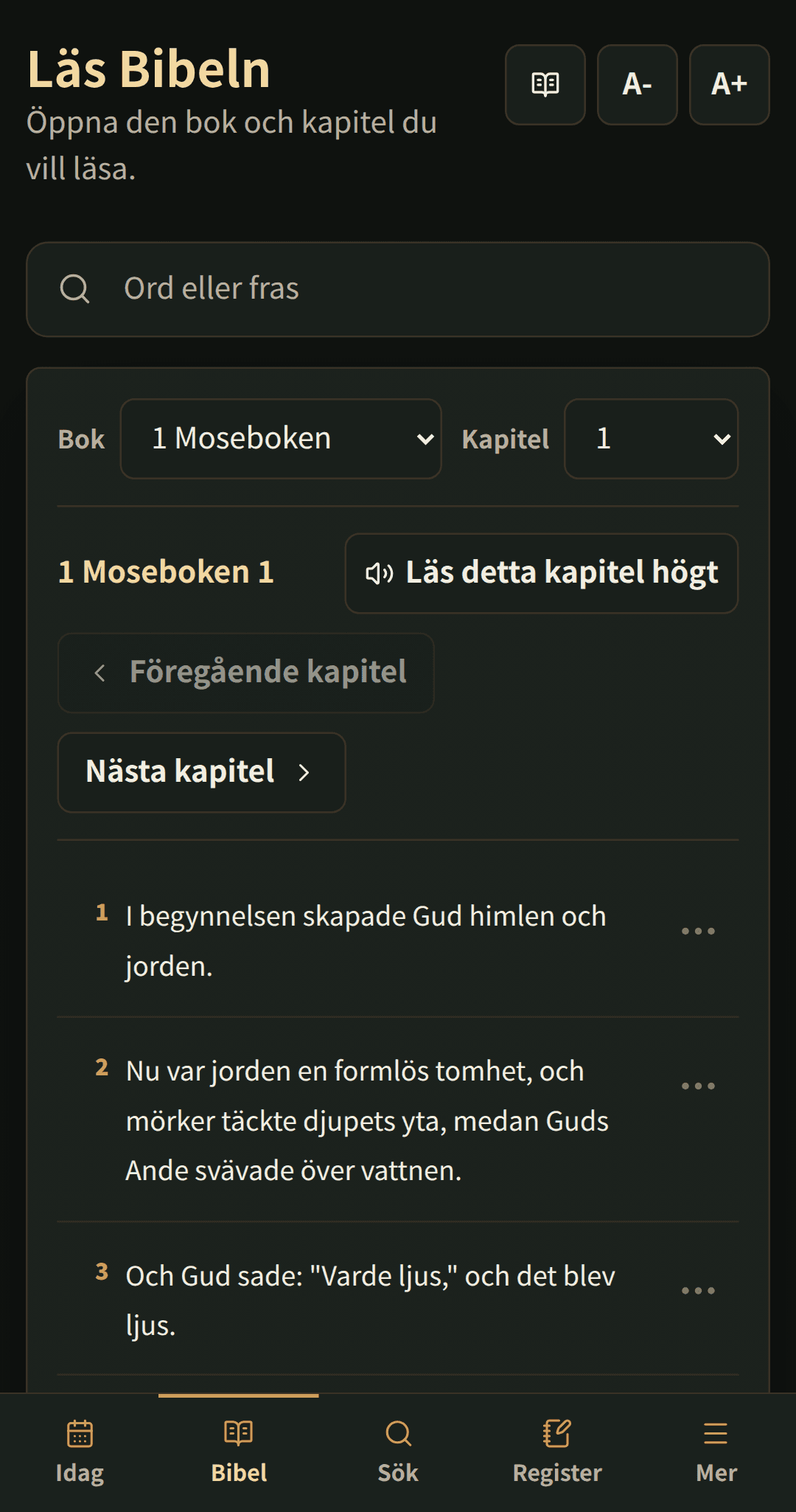 Bibelläsare som visar ett kapitel med tydliga läskontroller.